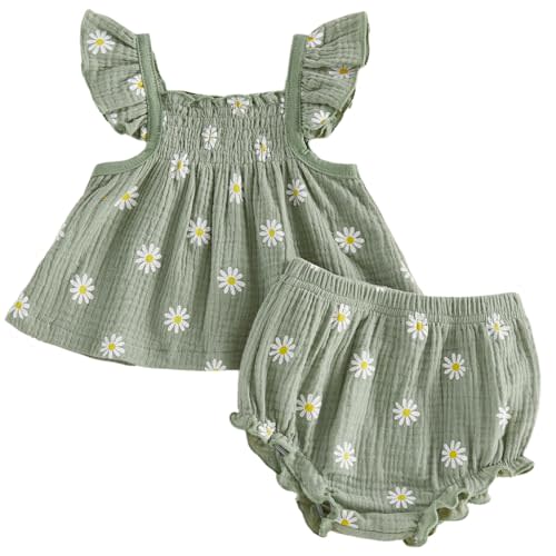 Mubineo Baby Girl Summer Clothes Cute Basic Plain Cotton Linen Ruffle Tops Dress Shorts Outfits Set Shirt Princess Outfit