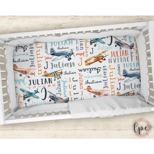 Personalized Airplane Crib Sheet -  Airplane Custom Crib Sheet - Personalized Baby Crib Sheet - Plane Baby Sheet - Vintage Airplane Nursery