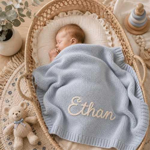 Personalized Knit Baby Blanket, Soft Cotton Custom Name Keepsake, Neutral Nursery Decor