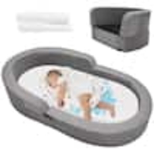BOZTIY Foldable Toddler Travel Bed, 2-in-1 Portable Baby Floor Bed Sofa Chair w/Washable Sleeper Cot, 2 Washable Fitted Sheet I1600236-GY-MHD01