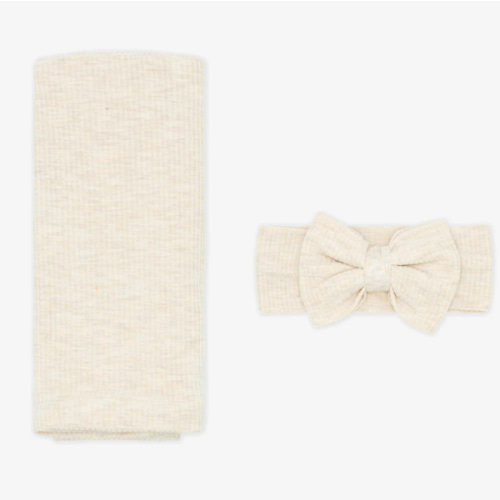 Heather Oatmeal Ribbed Swaddle & Luxe Bow Headband Set - Little Sleepies