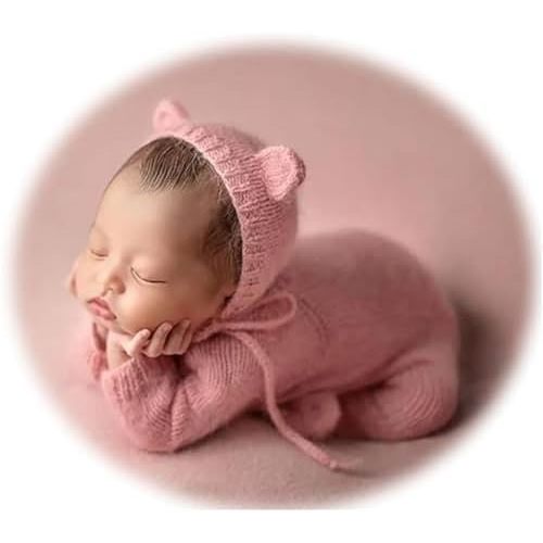 Newborn Photography Props, Baby Photoshoot Costume Set for Boys and Girls, Newborn Footed Knit Romper With Bear Hat