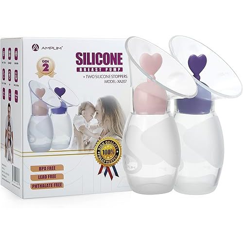 Amplim Gen 2 Manual Breast Pump/Collector for Breastfeeding with Stopper (2-Pack 4 oz/100ml) Food Grade Silicone BPA PVC and Phthalate Free (4OZ-Purple Pink, 2, Count)