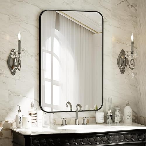 BEAUTYPEAK 24" x 36" Rectangular Aluminum Alloy Frame Wall Mounted Bathroom Mirror with Rounded Corners, Black
