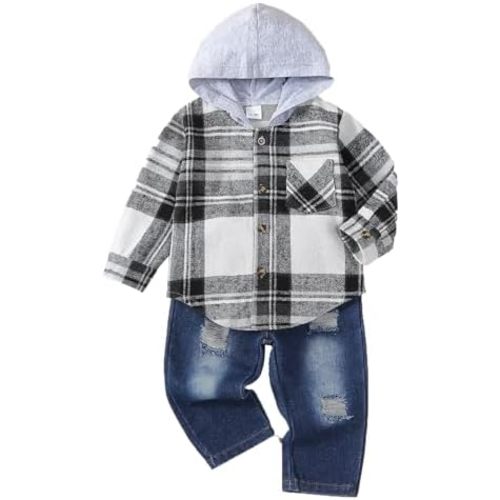 Baby Boy Clothes Newborn Long Sleeve Plaid Hoodies + Toddler Ripped Jeans Outfits Infant Boys Pants Sets 6M-4T