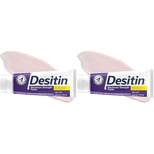 Desitin Maximum Strength Baby Diaper Rash Cream, 40% Zinc Oxide for Treatment, Relief & Prevention, Hypoallergenic, Phthalate- & Paraben-Free Paste, Protects Skin for 12 Hours, 4.8 oz (Pack of 2)