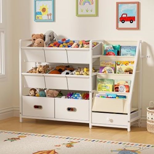 Kids Toy Storage Organizer, Kids Bookshelf and Toy Storage with 9 Bins, Playroom Storage Organization, Montessori Toddler Bookshelf, Kids Room Organization, White