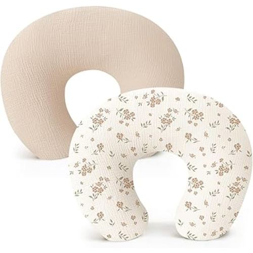 Konssy 2-Pack Muslin Nursing Pillow Covers, Soft & Adorable Nursing Covers for Breastfeeding Pillows, Slipcovers for Newborn Boys & Girls(Cream, Blossom)