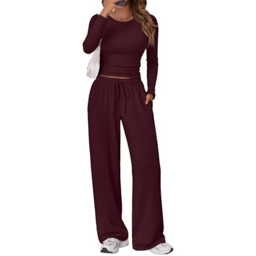Trendy Queen Women's 2 Piece Matching Lounge Set Long Sleeve Slightly Crop Top Wide Leg Pants Casual Sweatsuit