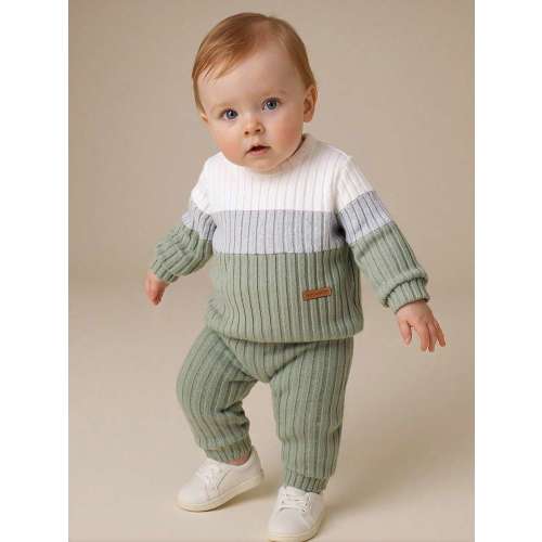 SHEIN Playful Pals 2pcs/Set Baby Boy Colorblock Crew Neck Long Sleeve Sweatshirt And Solid Green Pants, Outfit Suitable For Outings, Casual Wear, Sports, And School, Baby Boy Fall Outfit Baby Casual Set Infant Boy Outfit Baby Boy Outfit Set Baby Boy Cloth