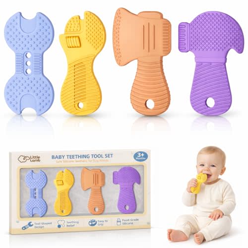 Baby Tool Teether Set, 4 Pack Silicone Textured Teething Toys for Boys 3–12 Months, Wrench Screwdriver Hammer Axe Chew Toys for Teething Relief, Newborn Infant & Toddler Baby Stuff