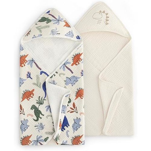 david's kids 2 Pack Hooded Baby Towels, Large 32"x32", 6 Layer 100% Muslin Cotton Highly Absorbent Boy Bath Towel for Newborn, Infant and Toddler, Soft and Breathable Baby Essentials, Dinosaur Story