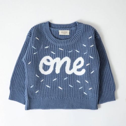 Picolette by Olivia Culpo Baby Boys' first Birthday Long Sleeve Crewneck Pullover Sweater - Blue 12-18M