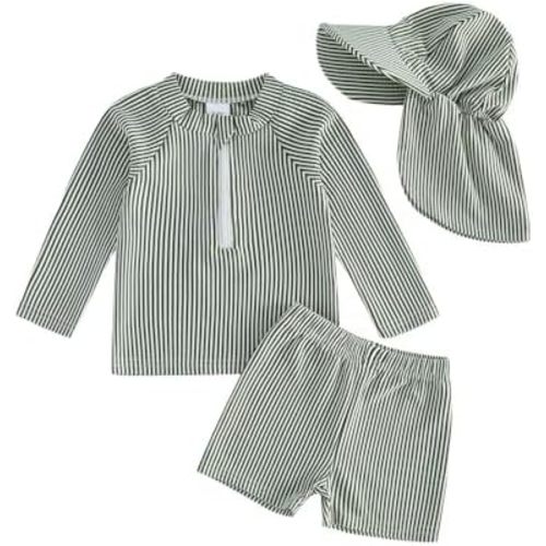 Toddler Baby Boys Seersucker Long Sleeve Swimsuit Trunks Bathing Suit Swimwear with Hat 3Pcs Rash Guard Set