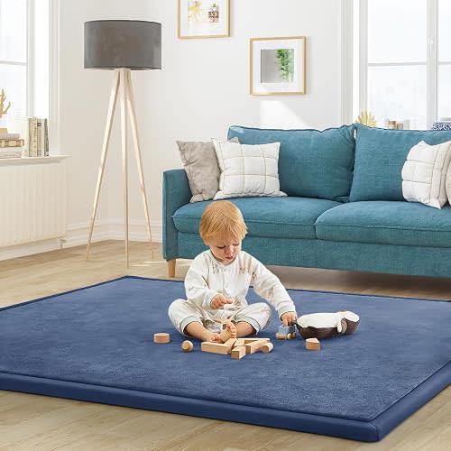 Baby Play Mat for Floor Nursery Rug Muscle Mat Area Rug Playroom Rug 79"x118" Playpen Mat Elastic Foam 1.3" Thick Crawling Mat for Babies,Toddlers, Infants, Kids,Sapphire Blue