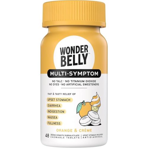 Wonderbelly Multi-Symptom Medicine Anti-Diarrhea & Upset Stomach Relief with Bismuth Subsalicylate Orange & Creme 40 Chewable Tablets