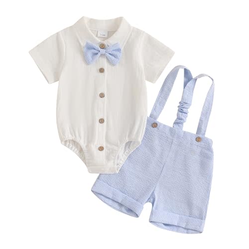 WNGECAT Baby Boy Gentleman Short Sleeve Lapel Neck Romper with Stripe Suspender Shorts and Bowtie