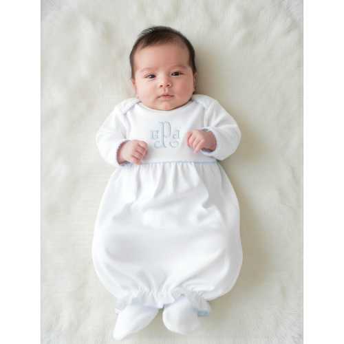 Baby Boy Coming Home Outfit-Pima Cotton Yoked Baby Gown-White w Blue Trim-Personalized Baby Gown-Monogrammed Baby Gown-Pima Cotton-Baby Gift