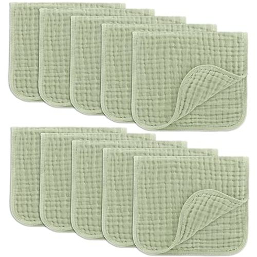 Comfy Cubs Muslin Burp Cloths 20" x 10", Pack of 10 - Large, 6-Layer, Ultra Absorbent 100% Cotton for Baby Drool and Messes - Soft, Safe & Gentle Baby Burp Cloths for Boys & Girls - Sage