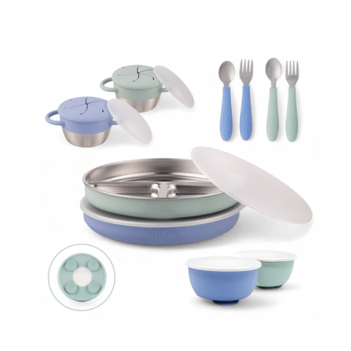 Stainless Steel Mealtime Bundle | Plates, Bowls, Snack Cups + Toddler Utensils | Suction Sleeves | Sage/MistyBlue