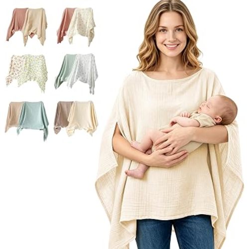 Nursing Cover for Breastfeeding, 2 Pack, 100% Cotton Muslin, 360° Privacy, Lightweight & Breathable, Multi-Use Baby Car Seat & Stroller Cover, Warm Oat & Khaki