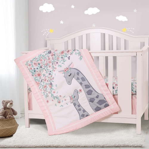Sweet Baba Giraffe Pink Crib Bedding Set for Girl, 3 PC Baby Nursery Set Including Quilt/Skirt/Fitted Sheet