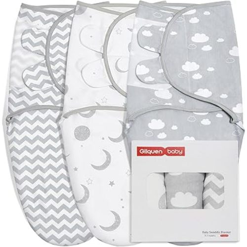 GLLQUEN BABY 3-Pack Swaddle Wrap blankets, Newborn Swaddles 0-3 months, Baby Swaddling Sack, Moon & Clouds, Infant Swaddle Blanket Wrap (Small/Medium)
