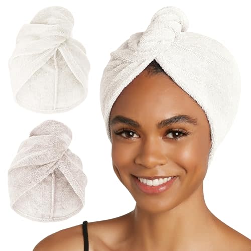 Turbie Twist 2-Pack Microfiber Hair Towel for Beauty, Travel, Gifting - Wrap Turban for Straight, Wavy & Curly Hair - Premium Personal Care - Antique White & Moonbeam