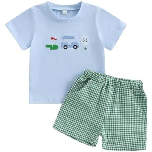Toddler Baby Boy Clothes Golf Cart Embroidery Short Sleeve T-Shirt Top Gingham Seersucker Shorts Set Summer Outfits