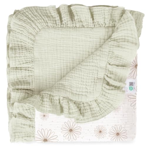 lulumoon Muslin Baby Blanket for Girls: 100% Cotton Ruffle Swaddle Blanket | Soft Reversible Crib Blanket for Newborn and Infant - Lightweight for Stroller, Nursery Decor & Travel 40"x36"(Daisy)