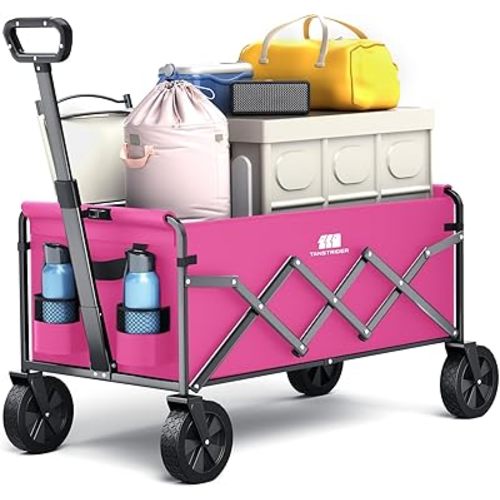 Collapsible Folding Wagon, Heavy Duty Pink Foldable Wagon Cart with Wheel, Lightweight Utility Grocery Cart with 200lbs Weight Capacity for Garden, Beach, Camping Sports, Fishing