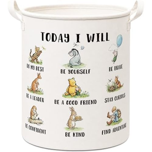 Cute Bear Round Foldable Canvas Storage Basket With Waterproof PE Coating, Inspiring Decor For Kids, Boys, Girls Room Clothes Storage, Bathroom And Bedroom, Laundry Room Accessories -A22