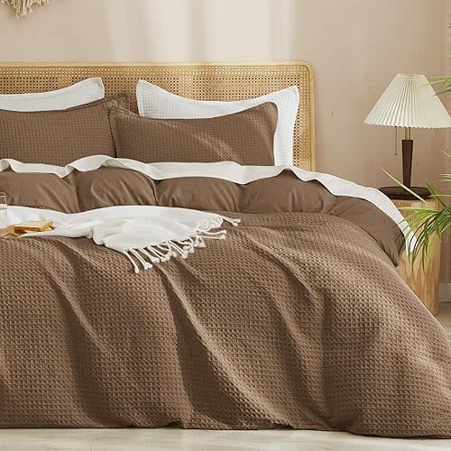 PHF Waffle Weave Duvet Cover Set Queen Size, No Snagging Ultra Soft Luxury Textured Breathable Comforter Cover for All Season 3pcs, Durable Bedding Duvet Set with 2 Pillow Shams, 90"x90", Cocoa Brown