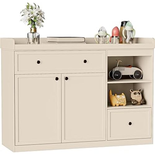 Changing Table Dresser, Baby Wooden Nursery Dresser with 2 Drawers and Open Storage, Multi-Functional Baby Changing Table, Diaper Wide Changing Station for Nursery, Beige