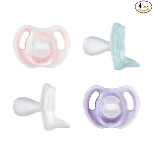 Tommee Tippee Ultra-Light Silicone Pacifier, 0-6 Months, Symmetrical One-Piece Design, BPA-Free Silicone Binkies, Pink/Purple/Green, Pack of 4