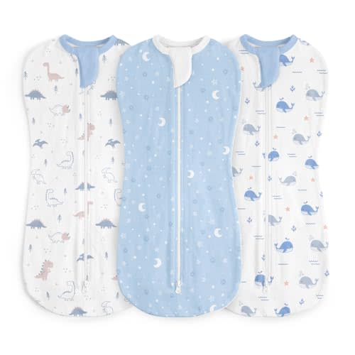 Baby Swaddle 0-2 Months, Cotton Arm-In Zipper Sleep Sack, Wearable Blankets Wrap for Newborn Infant Boys (Dinosaur, Star Moon, Whale, Pack of 3)