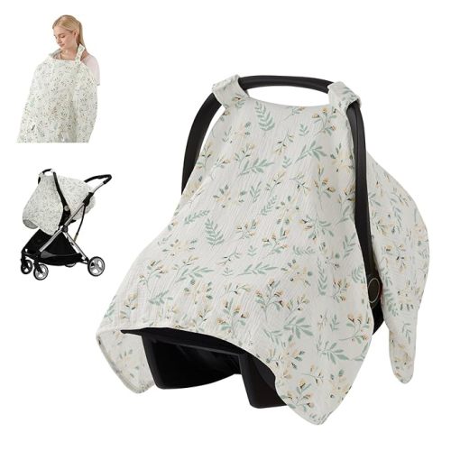 Blissful Diary 2-in-1 Muslin Baby Car Seat Cover, Multi-use Nursing Cover for Breastfeeding, Breathable Infant Car Seat Cover Canopy - Botanical Leaf