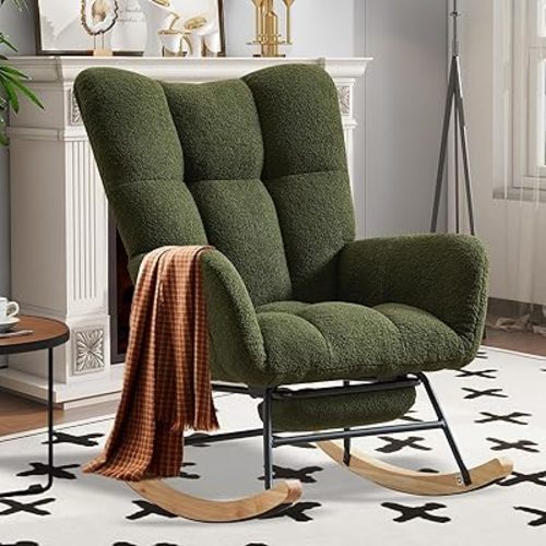 Rocking Chair Nursery with Foot Rest,Upholstered Glider Chair with High Backrest, Rocker Accent Armchair with Solid Wood Legs for Nursery Bedroom Living Room（Dark Green）
