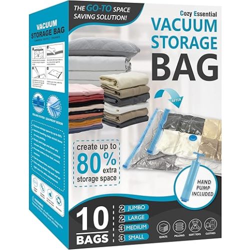 10 Pack Vacuum Storage Bags, Space Saver Bags (2 Jumbo/2 Large/3 Medium/3 Small) Compression Storage Bags for Comforters and Blankets, Vacuum Sealer Bags for Clothes Storage, Hand Pump Included