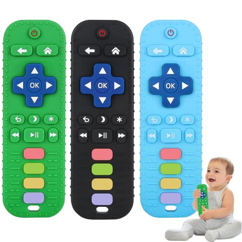 Fu Store 3 Pack Baby Teether Toy Chew Toy for Babies 0-12 Months 6-36 Months TV Remote Control Shape Teething Relief Baby Toys for Infants Developmental Soothe Babies Gums Gifts Set, Black Blue Green