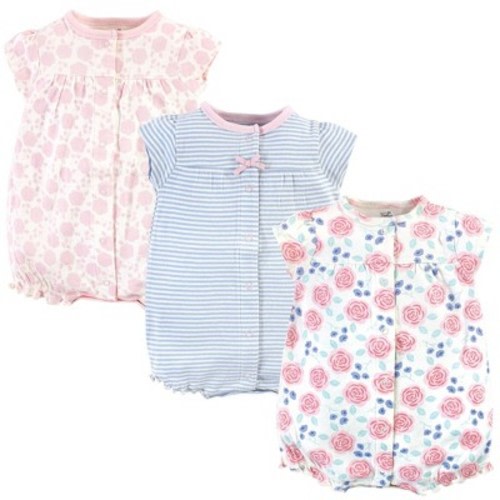 Touched by Nature Baby Girl Organic Cotton Rompers 3pk, Pink Rose, 3-6 Months