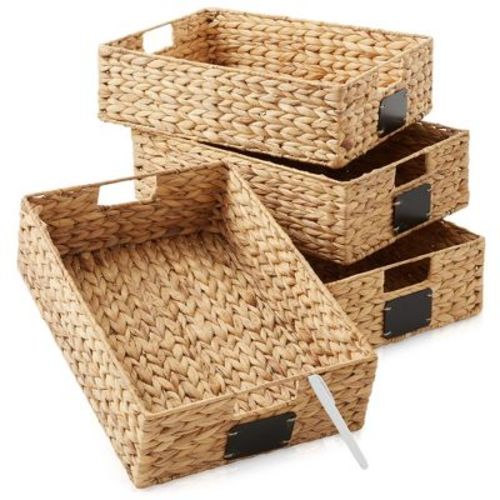 Casafield (Set of 4) Water Hyacinth 12-1/2" x 17" x 5" Pantry Baskets with Chalkboard Labels and Marker - Natural, Woven Storage Organizer Bins