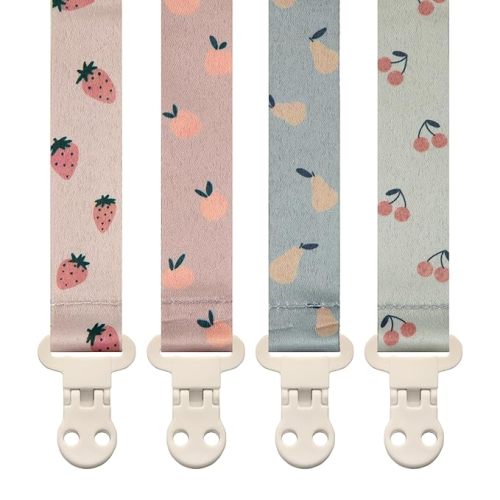 Baby Pacifier Clip Holder - Girl or Boy Unisex 4 Pack Gift Set – Summer Peaches Strawberies Cherries Pears (Fruits)