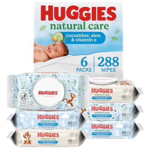 Huggies Natural Care Cucumber, Aloe and Vitamin E Baby Wipes, Hypoallergenic, Scented, 6 Flip-Top Packs (288 Wipes Total), Packaging May Vary