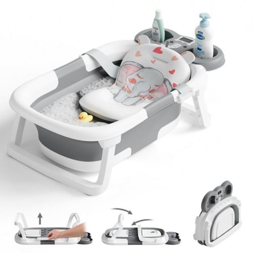 TUMAJUP Upgraded Collapsible Baby Bathtub with Built-in Real-time Thermometer & Soft Cushion-Gray