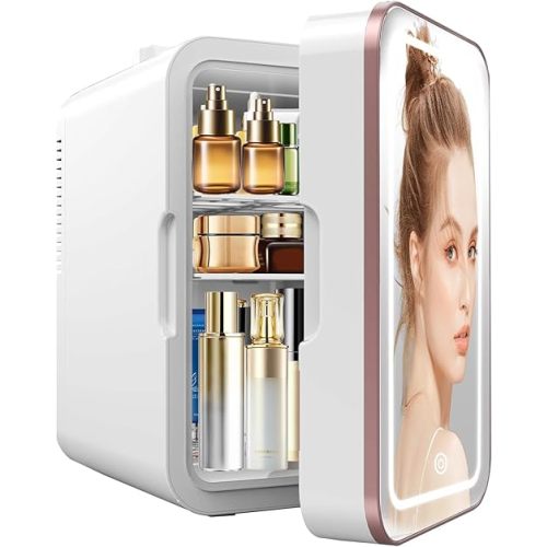 Bottle/Skincare Fridge, 6L/10 Can Mini Fridge for Bedroom with Dimmable LED Mirror, Portable Cooler & Warmer Small Compact Refrigerator for Skincare, Cosmetics, Bedroom and Office, White