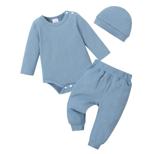YALLET Baby Boy Clothes Newborn Infant Boy Outfits 3PCS Letter Print/Solid Color Rompe Pants Hat Fall Winter Clothing 0-18M