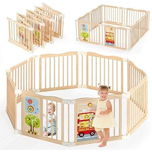 Foldable Wooden Playpen - Adjustable Wood Baby Play Yard with Child-Proof Lock, Indoor Large Safety Fence for Babies and Toddlers - Easy Assembly, 8 Panels with Sensory Toys