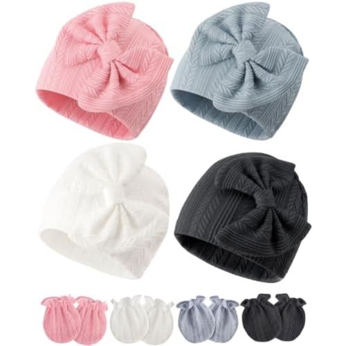 BQUBO Newborn Baby Hats Bear Ears and Mittens Sets Preemie Caps Baby Boy Girl Infant Hospital Beanie for 0-3 Months