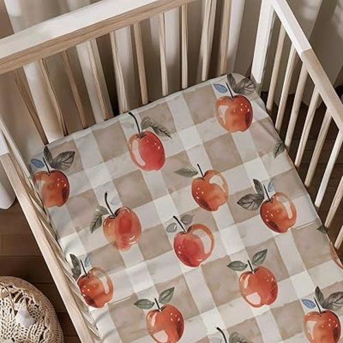 Watercolor Apples Checkered Fall Theme Pattern Baby Sheets for Crib, Unisex Fruits Nursery Fitted Bed Sheet for Boys Girls Standard Crib and Toddler Mattress-28x52